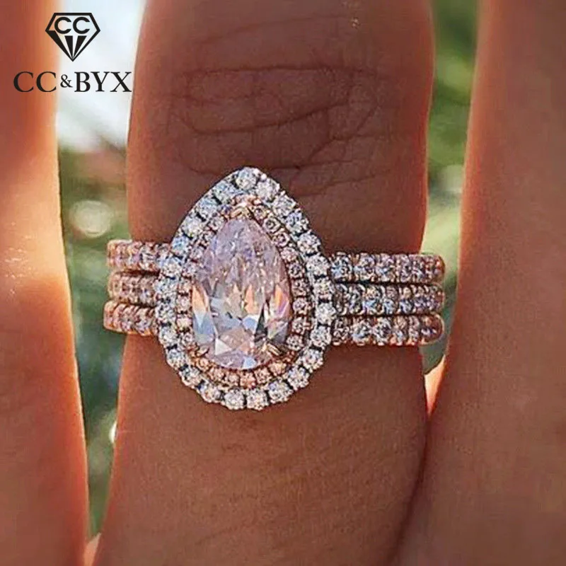 Кольца СС для женщин розовое каплевидное фианит 3 многослойное кольцо для невесты, для свадьбы, помолвки креативные ювелирные изделия Прямая CC2327