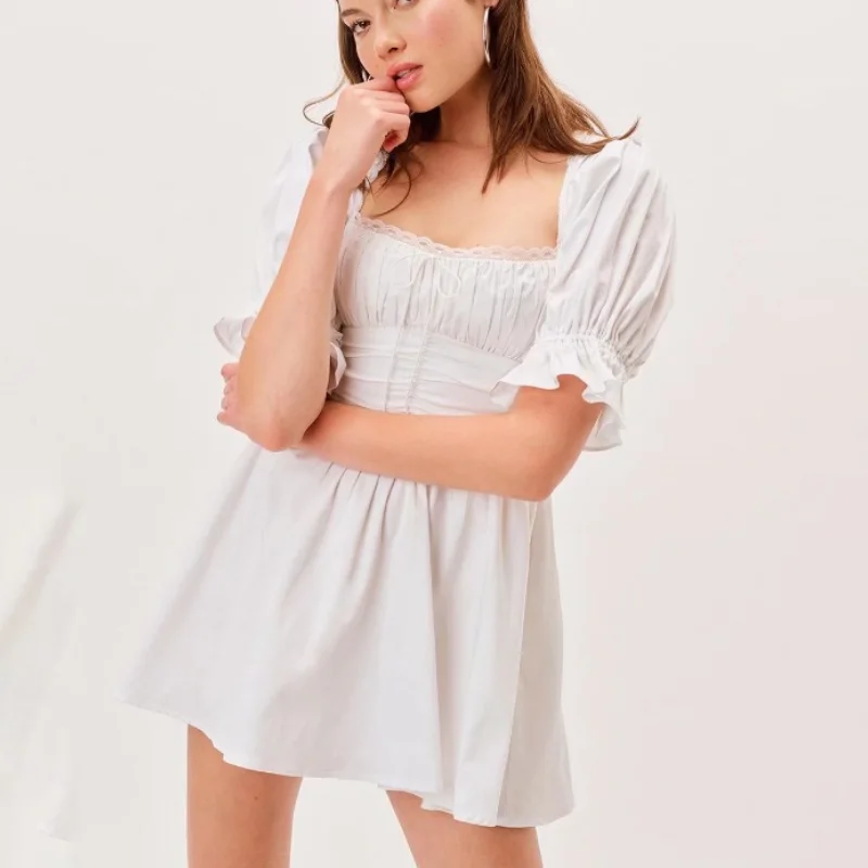 

AYUALIN Vintage Summer Short Dress Women Flare Sleeve White Sexy Backless Square Collar Mini Dresses Boho Elegant Party Vestidos