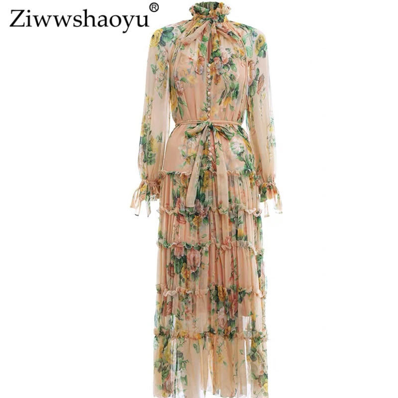 Ziwwshaoyu Summer Print Dress For Women Stand Collar Lantern Sleeve High Waist Bowknot Lace Up Long Dresses