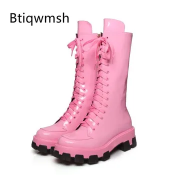 

2019 Retro Ankle Boots Women Round Toe Red Pink Lace Up Thick Bottom High Heel Boots Ladies Fashion Knight Boots