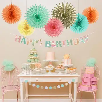 

Birthday Party Decorations Mint Green Peach Paper Fan Circle Garland Happy Birthday Banner Girls Birthday Home Decoration Favors