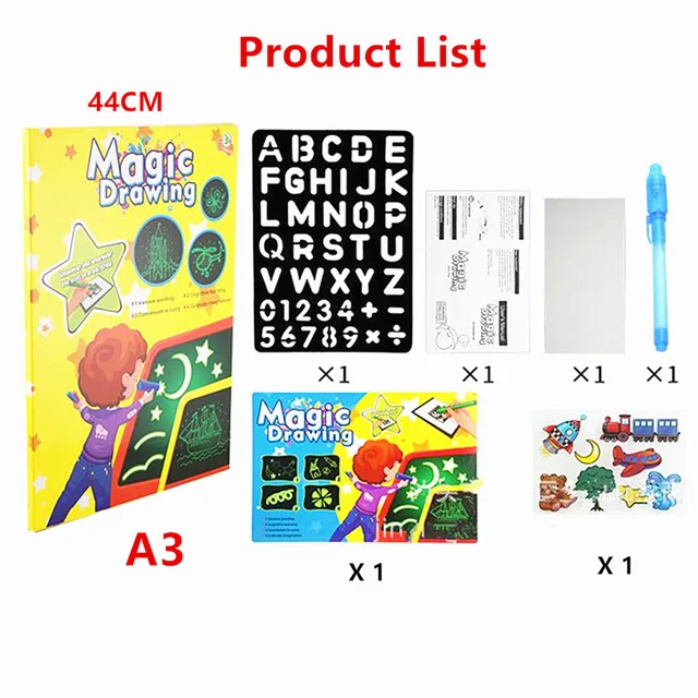 1pc A4 A3 Magic Luminous Drawing Board Graffiti Tablet Draw In Dark Magic Light-Fun Fluorescent Pen Educational Toy For Children