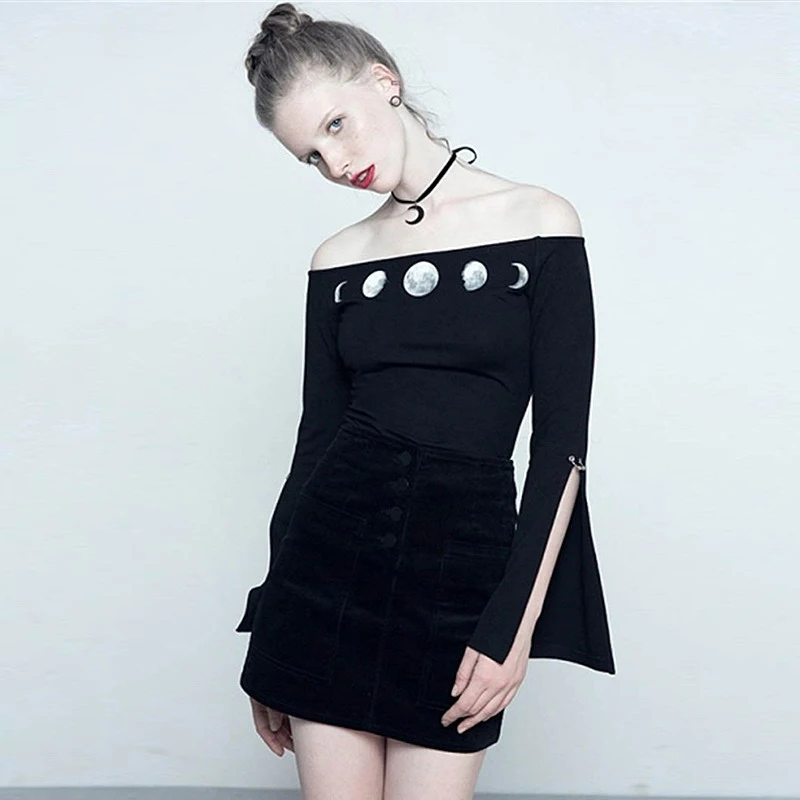 

Imily Bela Gothic Bodysuit Women Flare Sleeve Slash Neck Off Shoulder Print High Waist Skinny Bodysuit Balck Femme Body Mujer