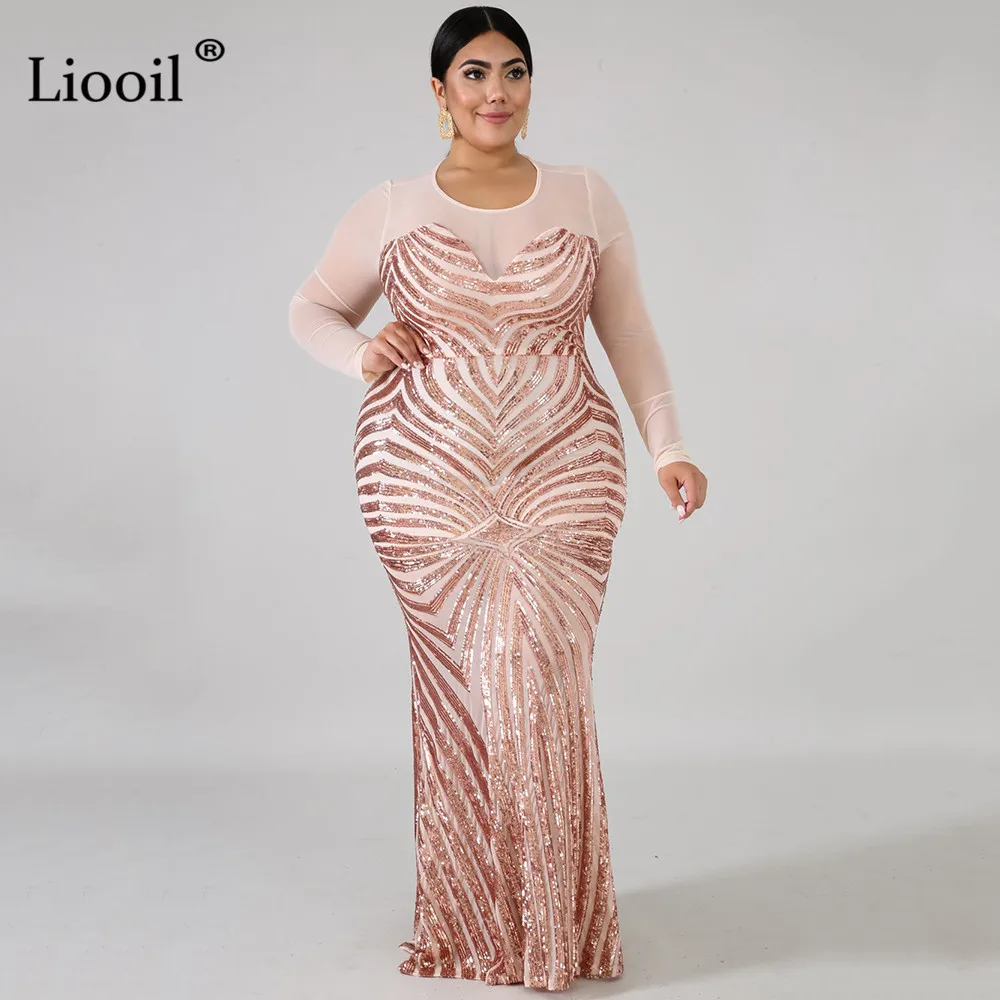 Liooil сексуальное длинное платье макси с блестками и сеткой размера плюс, женские прозрачные вечерние облегающие платья с длинным рукавом для ночного клуба