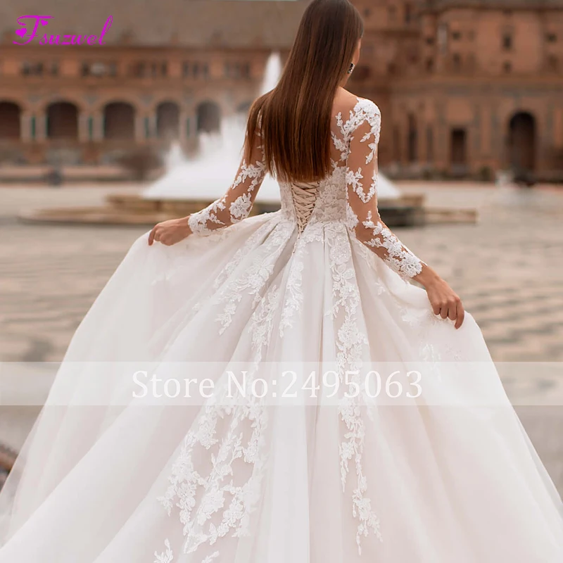 gown for wedding Fsuzwel Romantic Scoop Neck Lace Up Bride A-Line Wedding Dresses Gorgeous Long Sleeve Appliques Court Train Vintage Bridal Gown simple wedding dresses