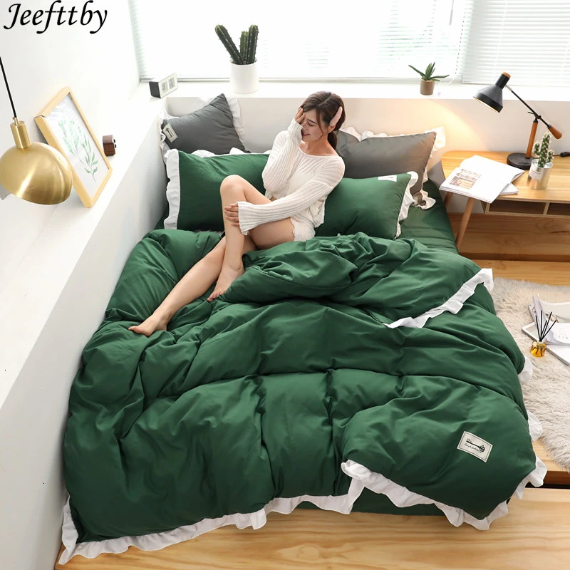 

Home Textile Stylish Simplicity Solid Color 4pcs Bedding Set Ruffled Pillowcase Bed Linen Duvet Cover Set King Queen Twin Size