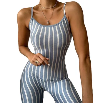 

2020 Lady Sleeveless Playsuit Fashion Women Stripe Print Bodysuit Street Shoot Casual Romper One Piece Clothes Playsuits
