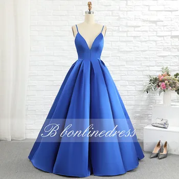 

Bbonlinedress Blue Prom Dress 2020 Real Picture Satin A Line Spaghetti Strap Backless Long Evening Dresses Formal Party Gowns