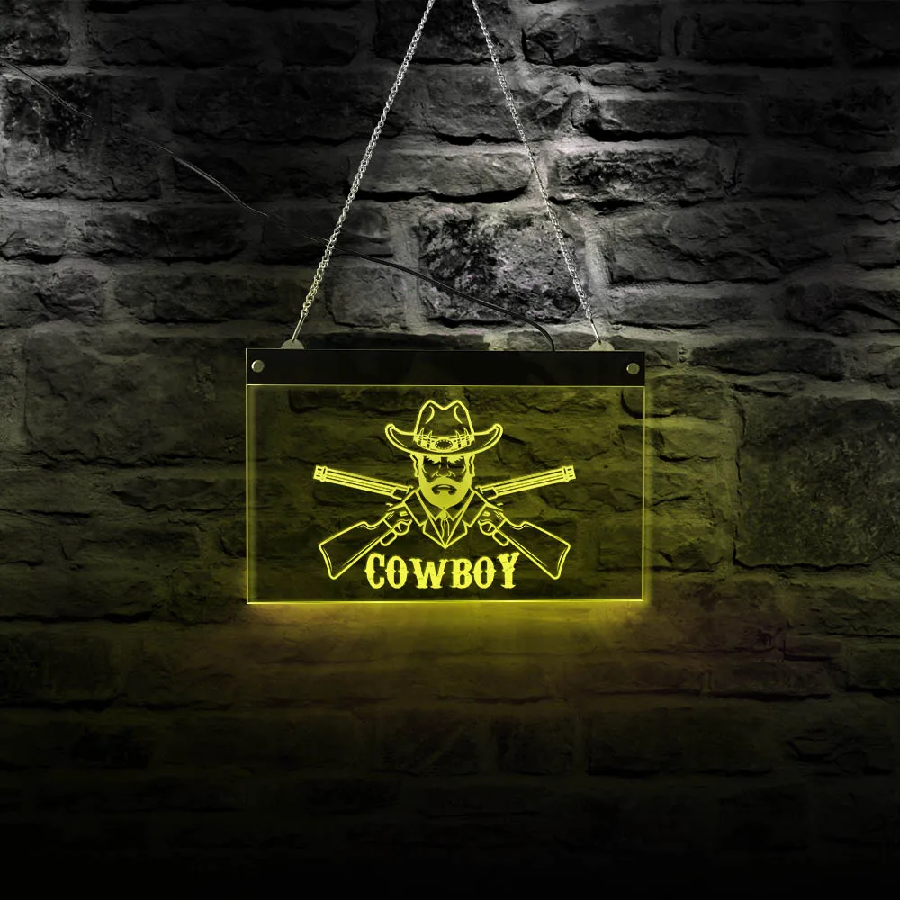 

Comic Cowboy With Guns LED Hanging Display Sign Board Crossed Weapon Rodeo Neon Wall Sign Multi Color Light Western Wall decor