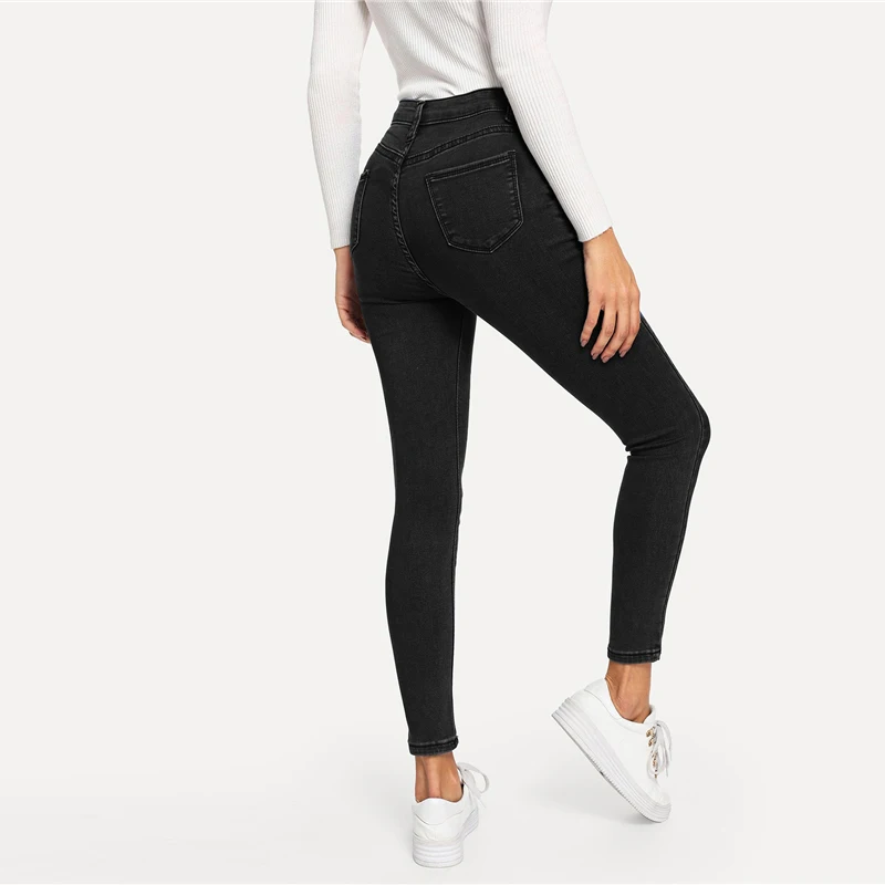 ROMWE, однотонные обтягивающие джинсы для женщин, весна-осень, повседневные джинсы с высокой талией, уличная одежда, джинсовые штаны на молнии