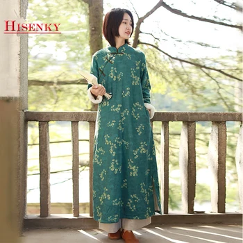 

Hisenky 2019 Winter Women Fleece Qipao Dress Chinese Traditional Cheongsam Floral Maxi Dresses Linen Robe Femme Gown Vestidos