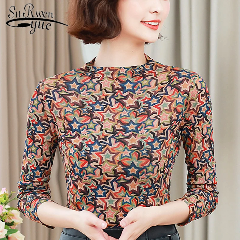 

Autumn 2019 New Fashion Women Tops Casual Women Blouses Elegant Women Clothing Long Sleeve O-neck Printed Slim Fit Tops 6009 50