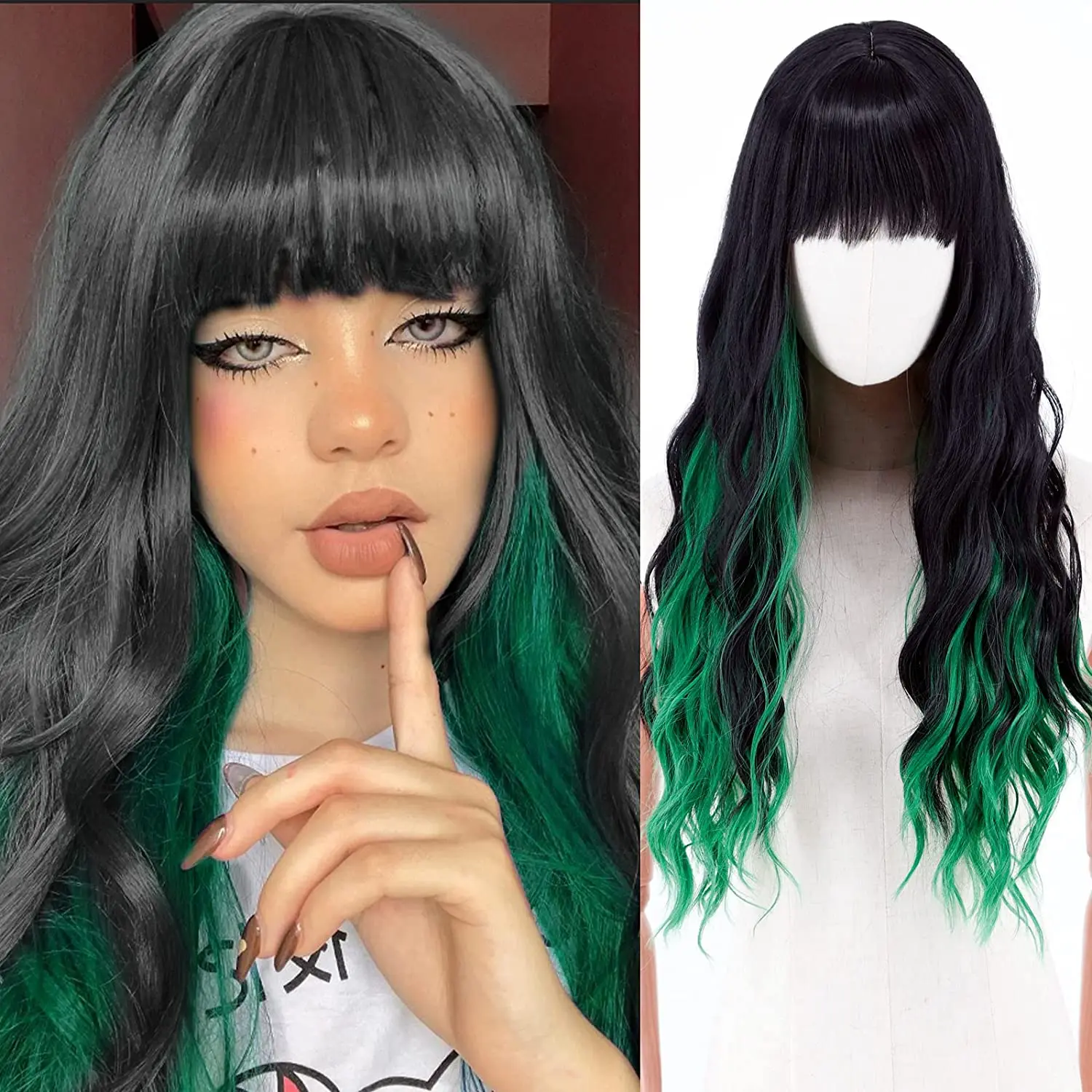 Synthetic wig Long Wavy Green and Black Wig with Bangs Long Wigs for Women  Curly Wavy Wig Heat Resistant for Party Costume|Synthetic None-Lace Wigs| -  AliExpress