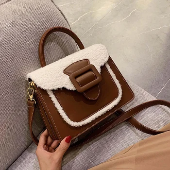 

Elegant Female Plush Tote Bag 2019 Winter New Quality PU Leather Women's Designer Handbag Contrast color Shoulder Messenger bags