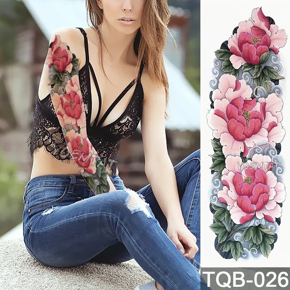 

New 1 Piece Temporary Tattoo Sticker Pink peony flower pattern Full Flower Tattoo with Arm Body Art Big Large Fake Tattoo