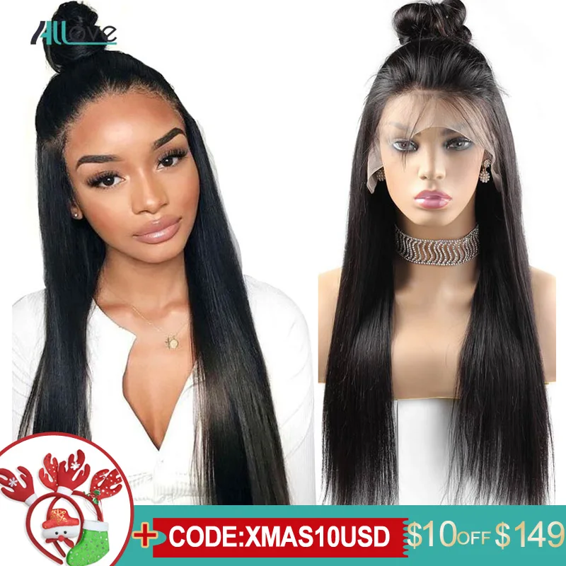 Baratos Allove pelucas frontales de encaje recto cabello humano Remy 360 peluca Frontal de encaje 13X4 13X6 peluca Frontal de encaje recto brasileño 250 de densidad