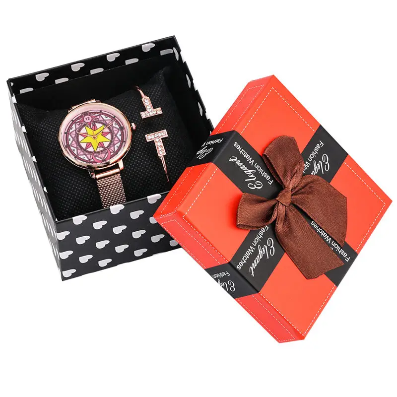 Gift2 Очаровательный Набор подарочных стальных кварцевых наручных часов для девочек премиум-класса, женские часы-браслет, Рождественский подарок на день Святого Валентина, коробка для подарков, часы для женщин - Цвет: Gift2