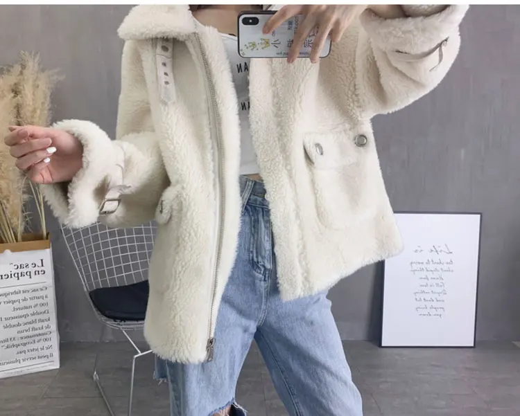 cream white Модные натуральные шерстяные пуговицы для куртки на молнии мягкие теплые свободные натуральный мех пальто женское зимнее пальто из натурального овечьего меха - Цвет: cream white