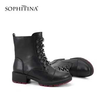 

SOPHITINA Fashion Women Ankle Boots Basic Handmade Round Toe Med Heel Shoes New Metal Decoration Square Heel Ladies Boots SC255