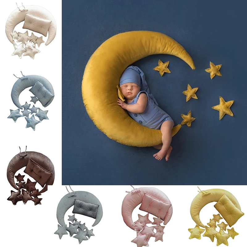 Star Pillow Newborn Photography Prop Set - Crescent Moon & Stars Pillows For Baby Photos (White Velvet) Newborn Photography Props
