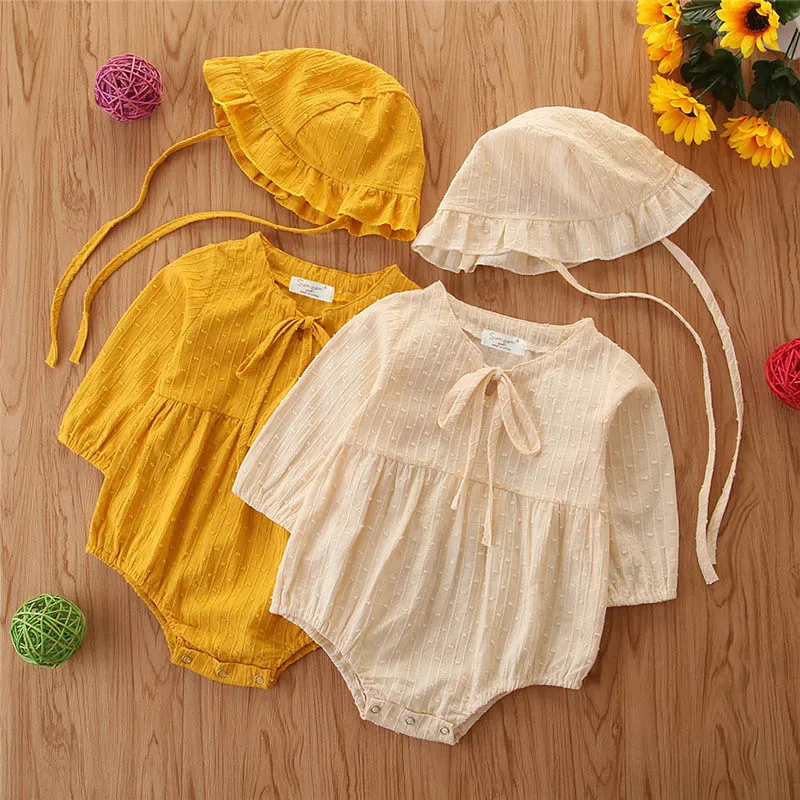 

2Pcs/set Romper Cute Baby Girls Long Sleeve Pompom Romper Hat Clothes Outfits Set Solid Print Bodysuit Outfits Set