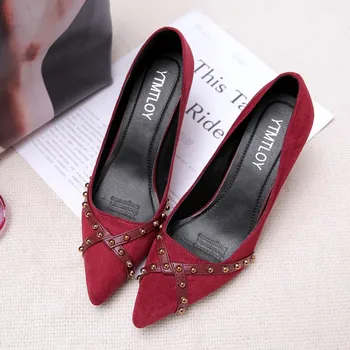 

2020 Summer Fashion rivet suede red high-heeled wedding shoes shallow mouth pointed stiletto women's shoes single shoes v86