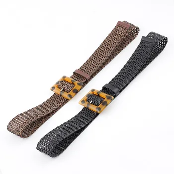

New pu woven wide belt ladies fashion wild spot leopard yellow buckle decorative belt Braided Belt Vintage Boho