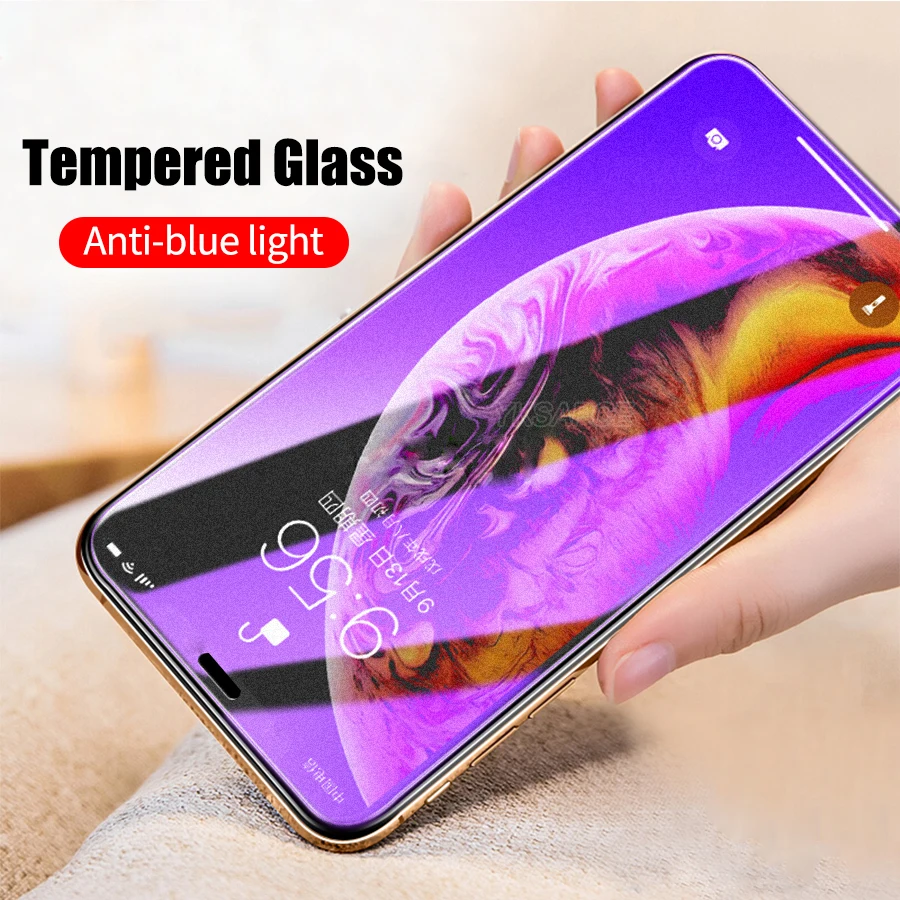 1-3Pcs 9H Anti Blue Ray Purpel Tempered Glass for iPhone 14 13 12 Mini 11 Pro X XR XS MAX 8 7 6 6S Plus SE Screen Protector Film