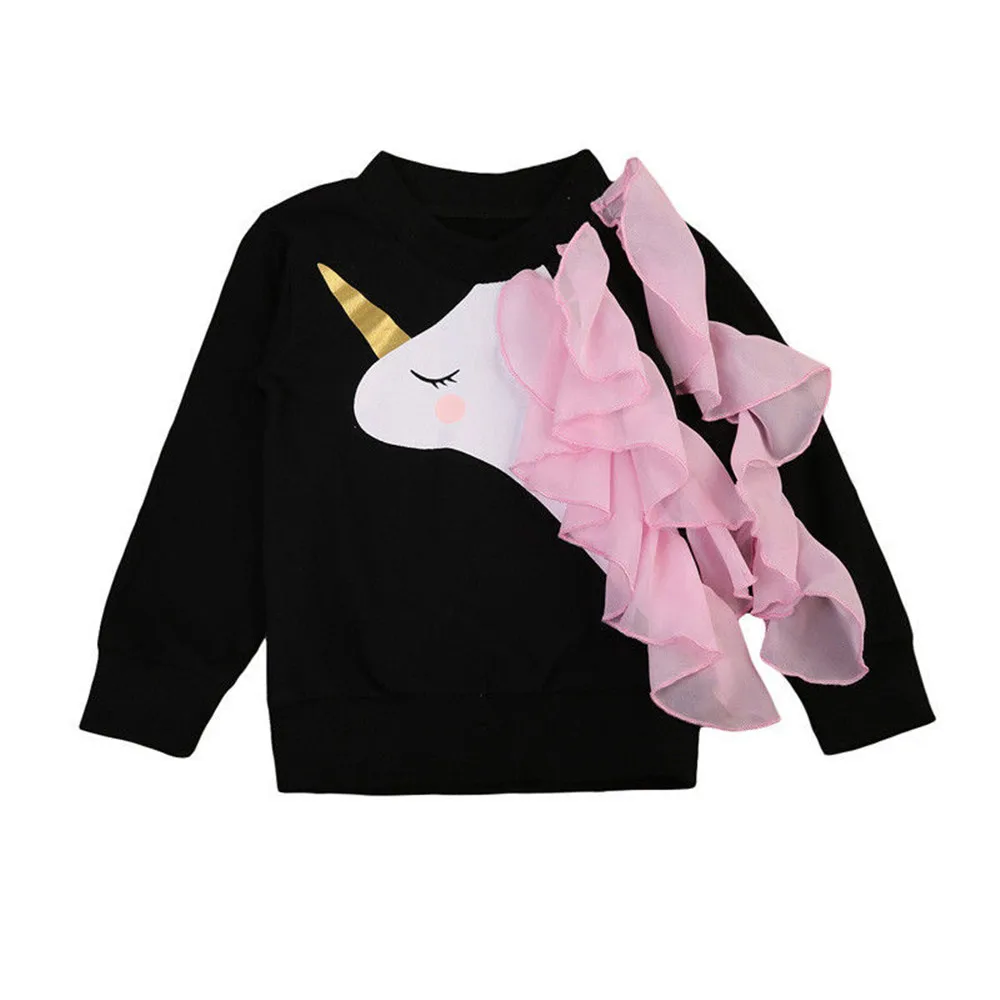 Детские свитшоты; осенняя одежда для девочек; рубашка с длинными рукавами; одежда с 3D принтом единорога для малышей; уличная рубашка для больших детей - Цвет: Black