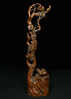 

wedding decoration 12" China Folk Collect Boxwood Wood Carved Lucky magpie on plum FengShui Statue