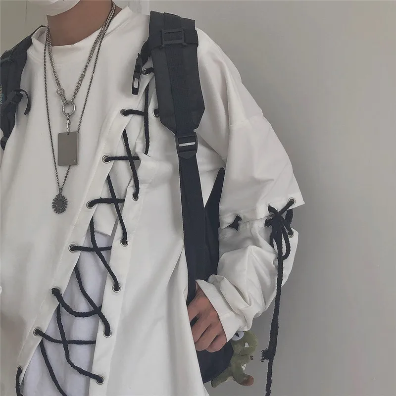 Neploe Harajuku Хип Хоп Уличная футболка оверсайз Топы для женщин пара шнуровка повязки Футболки Длинный рукав Лоскутная футболка