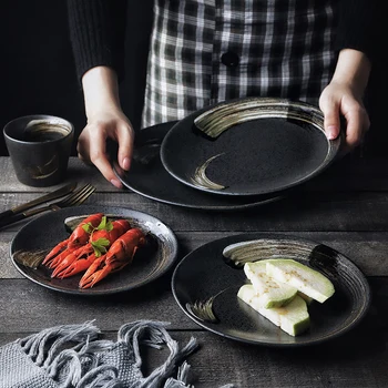 

Japanese Tableware Plate Ceramic Dishes Creative Steak Plate Home Restaurant Dinnerware Breakfast Round Shallow Plate Retro