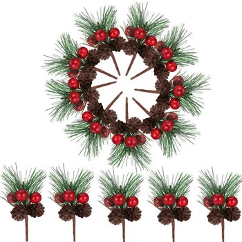 

24 Pieces Christmas Pine Picks Small Fake Berries Pinecones Artificial Pine Tree for Garden Christmas Tree Decorations