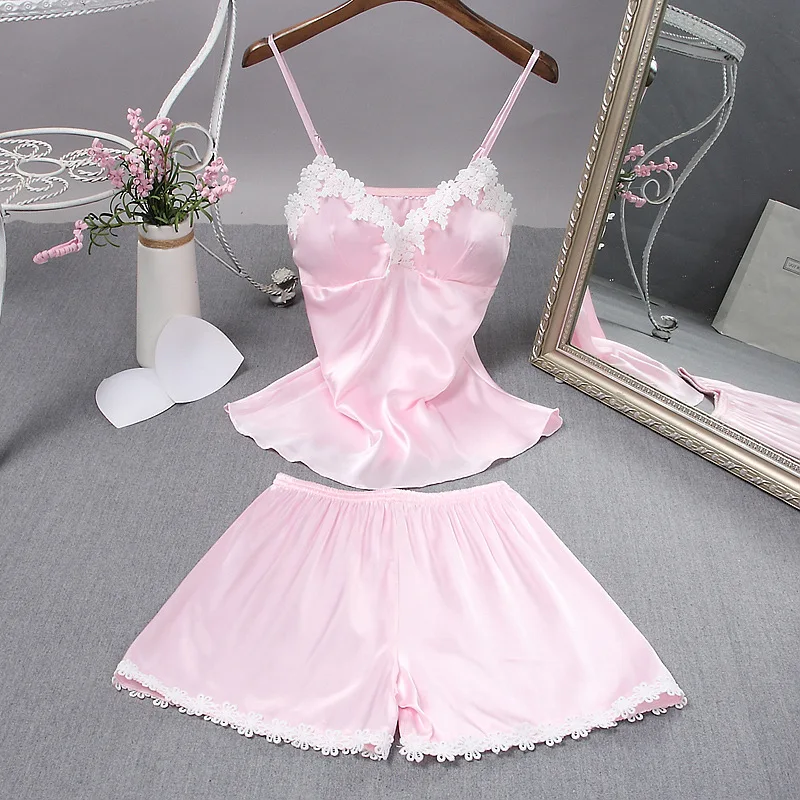 Pink Пижамный комплект, шорты, домашняя одежда с нагрудной накладкой, домашний комплект из двух предметов, новинка, женская пижама из имитированной шелковой ткани - Цвет: Pink