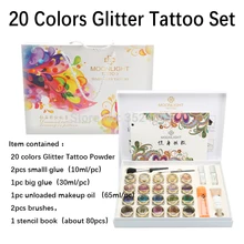 Новинка, высокое качество, 20 цветов, блестящий набор для татуировки, пудра для боди-арта, временные кисти для татуировки, клеевые трафареты