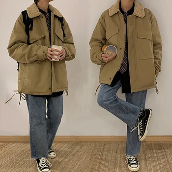 

Winter New Cotton Jacket Men's Warm Thick Fashion Parka Men Solid Color Casual Fur Collar Coat Street Wild Loose Tooling Jacket