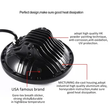 

Black High Performance Hi / Low beam UV-Resistant 7inch Round LED Headlight 7500LM High/Low Beam Head Light with Bulb DRL