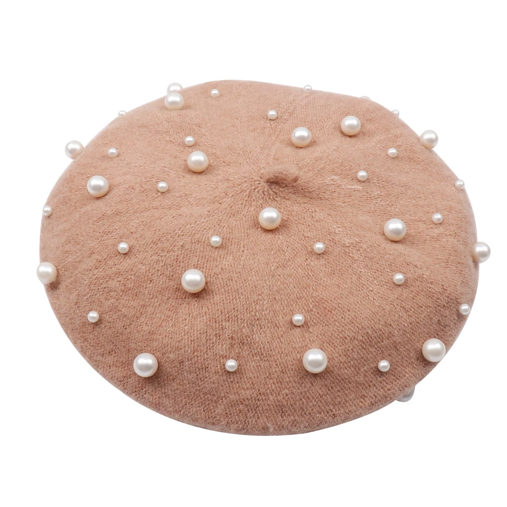 CN Winter Luxury Wool Pearl Beret Women French Solid Vintage Berets Caps For Women Girl Cashmere Female Warm Hats