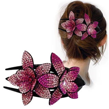 

Rhinestone Double Flower Hair Clip Hair Crystal Peals Hair Combs Female Elegant Beads Hairgrip Handmade Fashion Hair Accessories