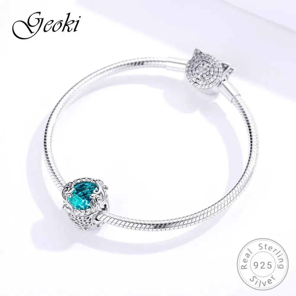 Geoki 925 серебро Европейский океан синий кубики циркона бусины трава fit Pandora браслет S925 морской камень подвески для ожерелья