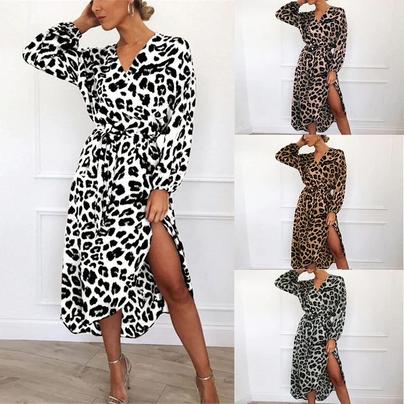 Женское платье с леопардовым принтом v-образным вырезом и высокой талией на