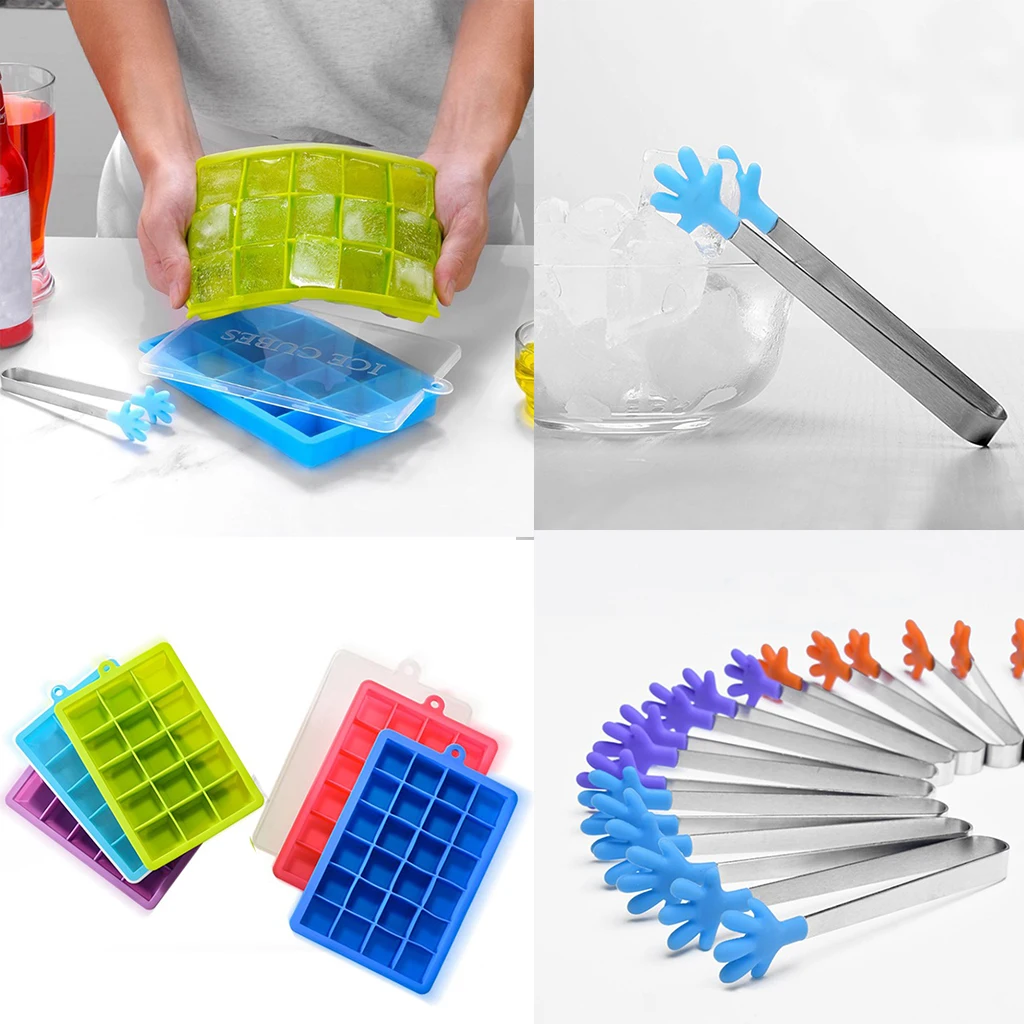 

15/24 Grid Silicone Ice Cube Mold Tray with Lid, Non Slip Ice Tong, Ice Maker Mould Fruit Ice Cube Maker,Bar Kitchen Accessories