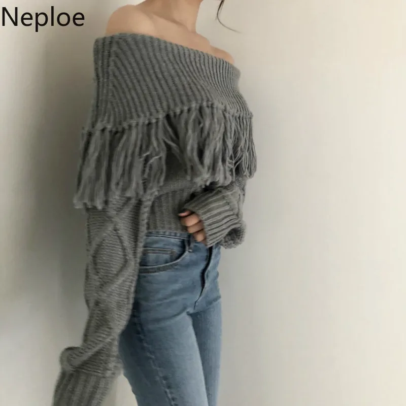 Neploe Ins, Ретро стиль, сексуальный, без бретелек, на плече, с вырезом лодочкой, вязаный свитер с кисточками, дизайн, твист, пуловер, однотонный, Outewar, Pull Femme Hiver
