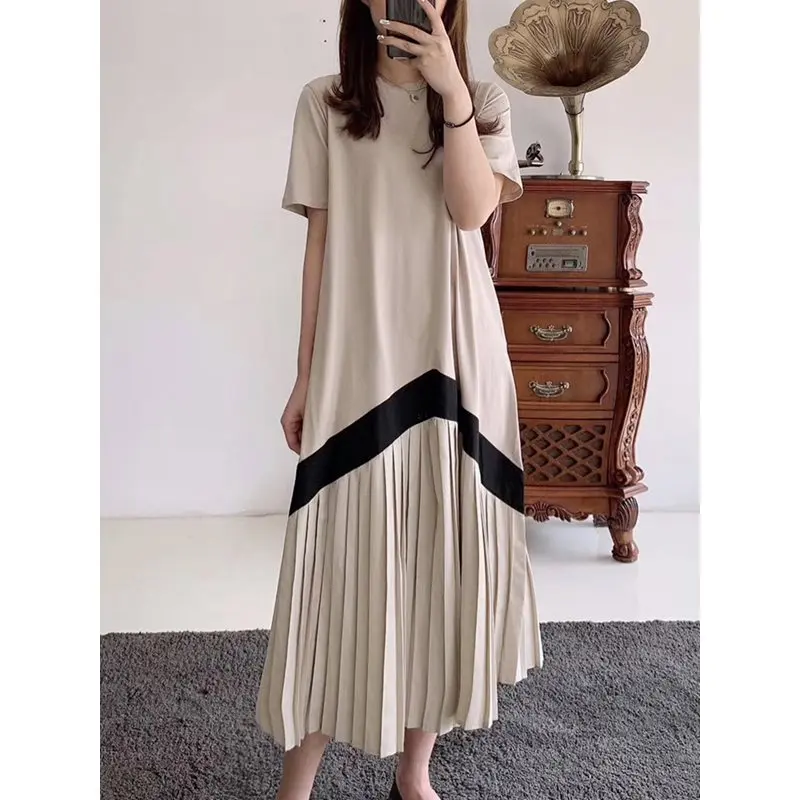 

Summer Dress Womens Loose Korean Pleated Midi Dresses Patchwork Gothic Streetwear Robe Style Casual Dresses Girl Vestido