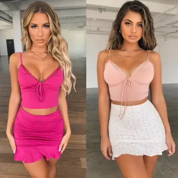 

2020 Women 2 Piece Bodycon Two Piece Sleeveless V Neck Sling Crop Top and Skirt Set Bandage Dress Party