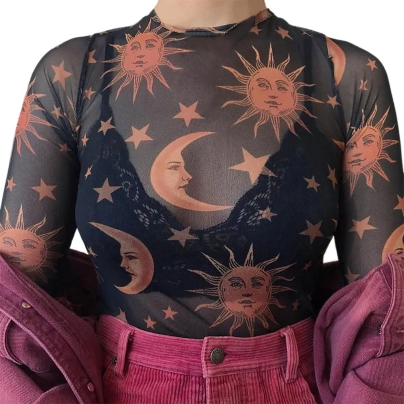 Сексуальная Прозрачная женская футболка, модный сетчатый топ в стиле бохо, с принтом луны и звезд, с круглым вырезом, с длинным рукавом, топы для женщин, футболка s