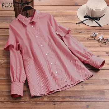 

Plus Size Women's Blouse ZANZEA 2020 Vintage Striped Shirts Ruffles Long Sleeve Tunic Tops Button Down Blusas Female Chemise 5XL