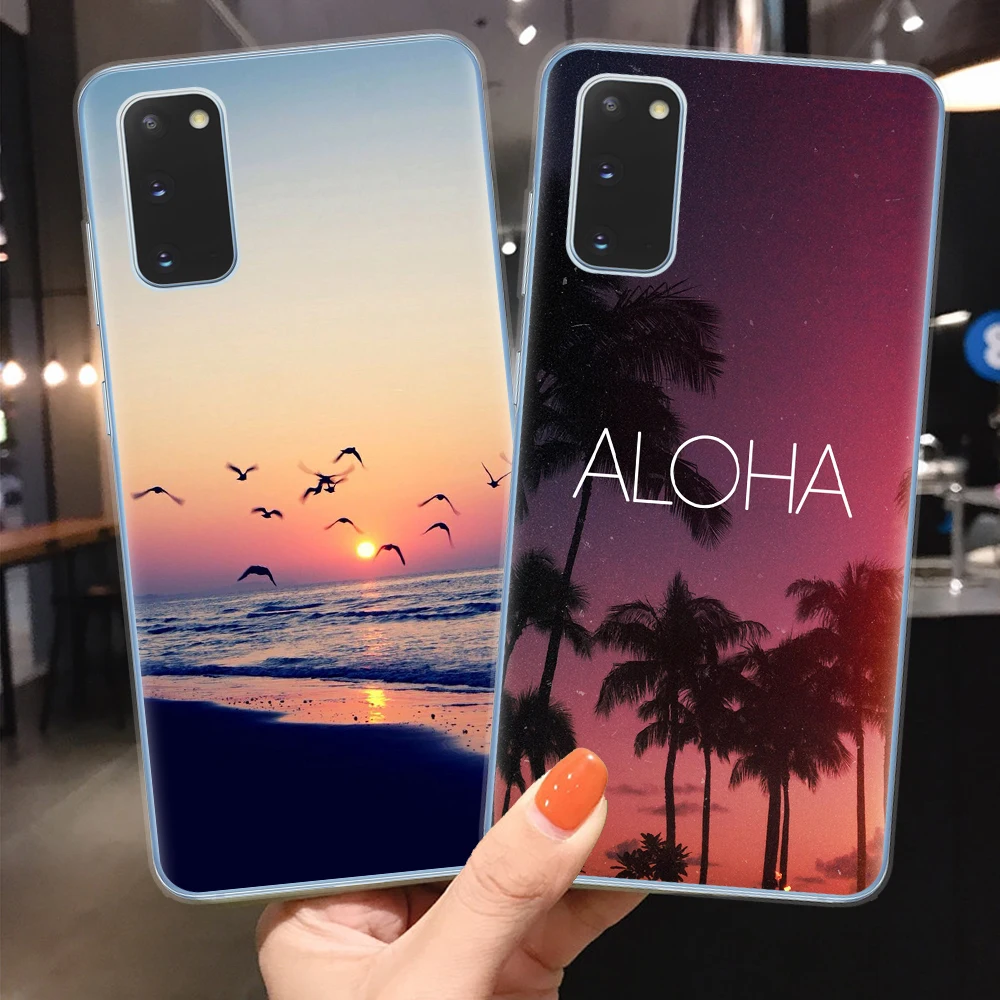 

Summer Beach Scene at Sunset on Sea Palm Tree Cover Fitted Case for Samsung Galaxy S7 S8 S9 S10 S20 S20PLUS Silicone Case Pouch