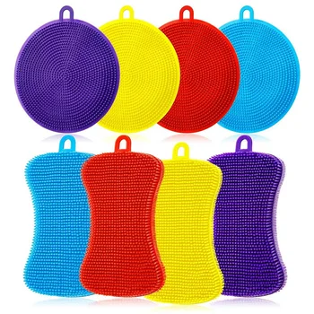 

8 Pieces Sponge Silicone Scrubber Dish Brush Cleaning Sponges Circular and Soap-Shaped Silicone Dishwashing Brush