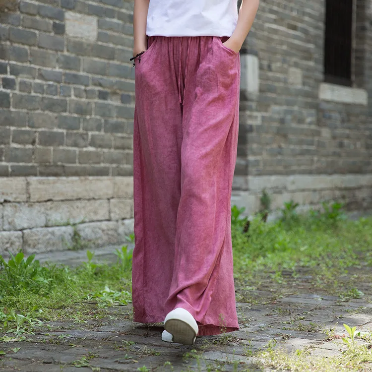 Johnature 2020 Autumn New Full Length Retro Elastic Waist Tie Dye Wide Leg Pants Loose Comfortable All-match Women Lace Up Pants